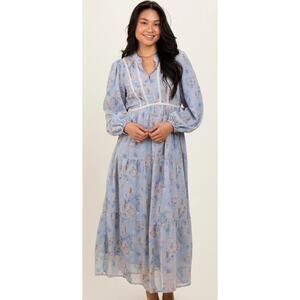 Polagram Maternity maxi tiered dress blue abstract Modest Sz Medium baby shower